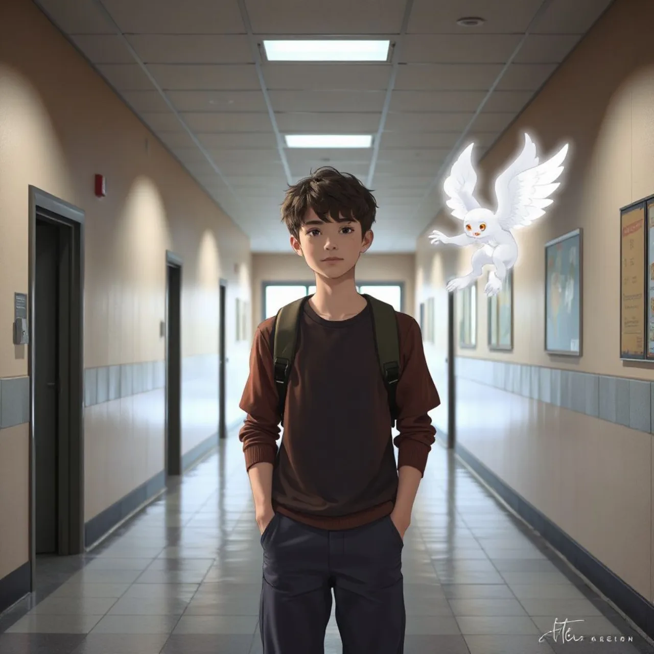 Logo dourado de “Nue's Exorcist” ao lado do protagonista empunhando um talismã, rodeado por símbolos de exorcismo