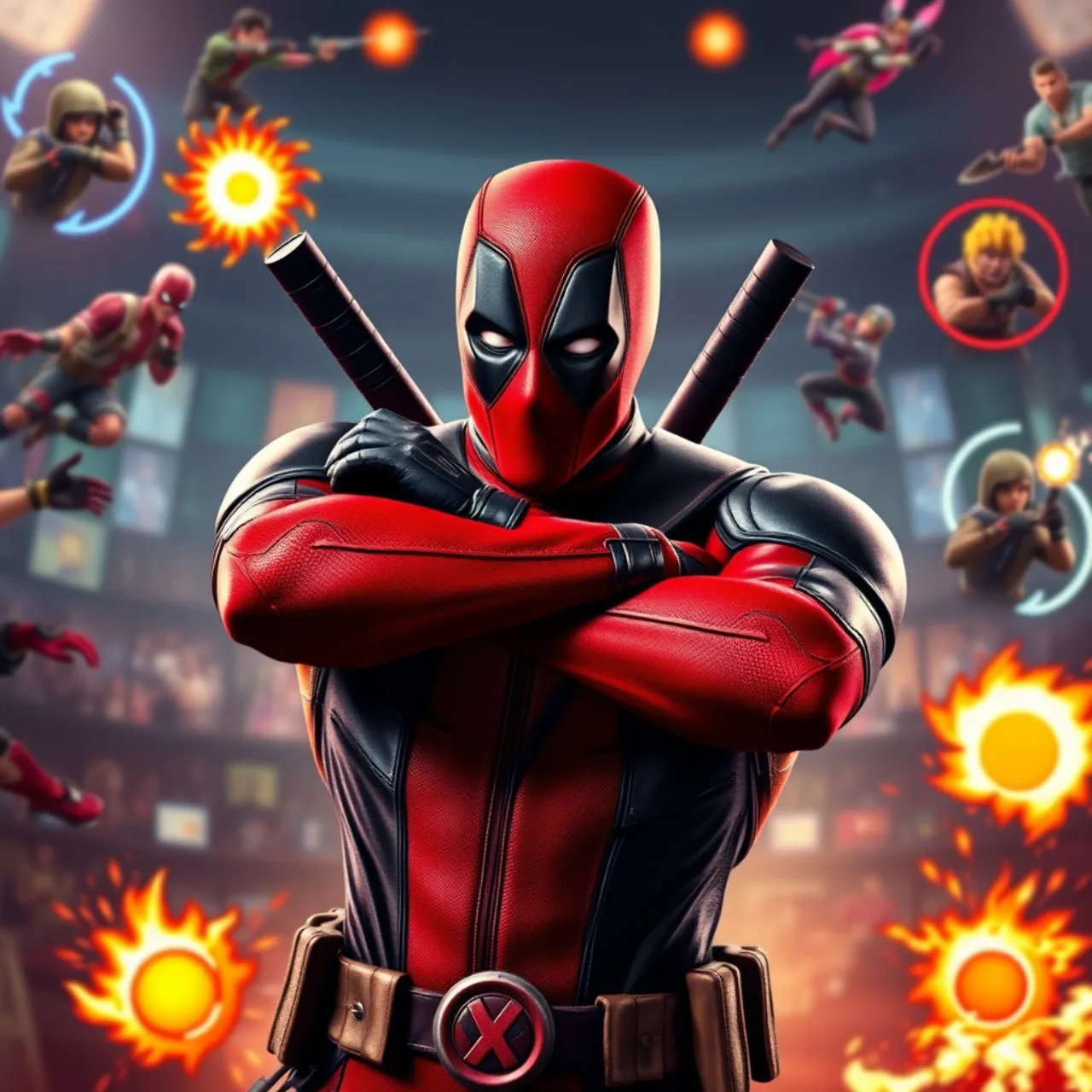 Deadpool em pose de luta, vestindo roupa de treino, segurando um joystick e levantando halteres coloridos