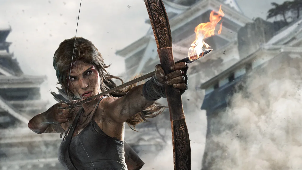 Lara Croft em pose atlética com cabelos realistas detalhados, destacando a fluidez dos fios em um ambiente de selva