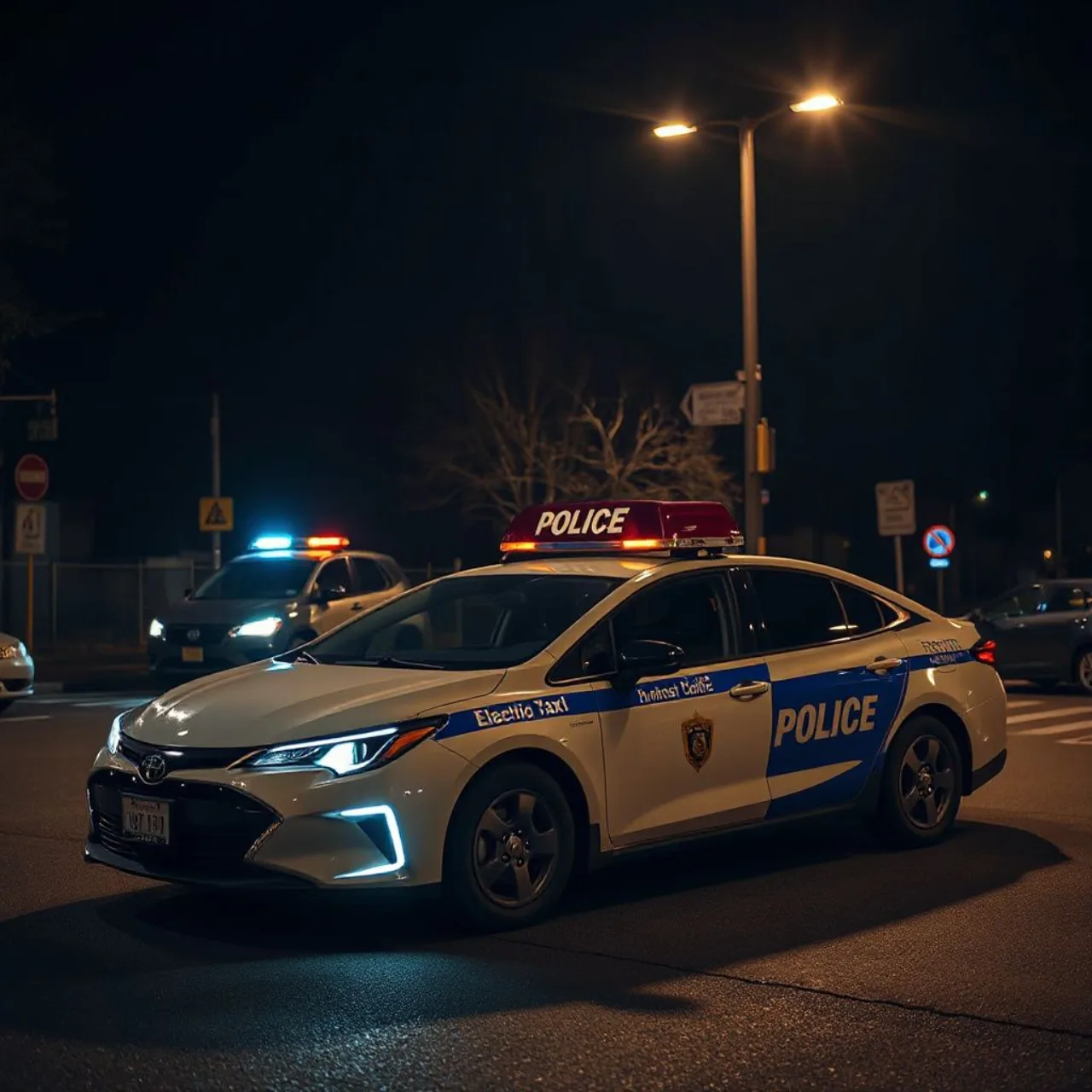 Waymo robotaxi estacionado ao lado de viatura policial, com adolescentes e uma arma estilo AR sobre o capô