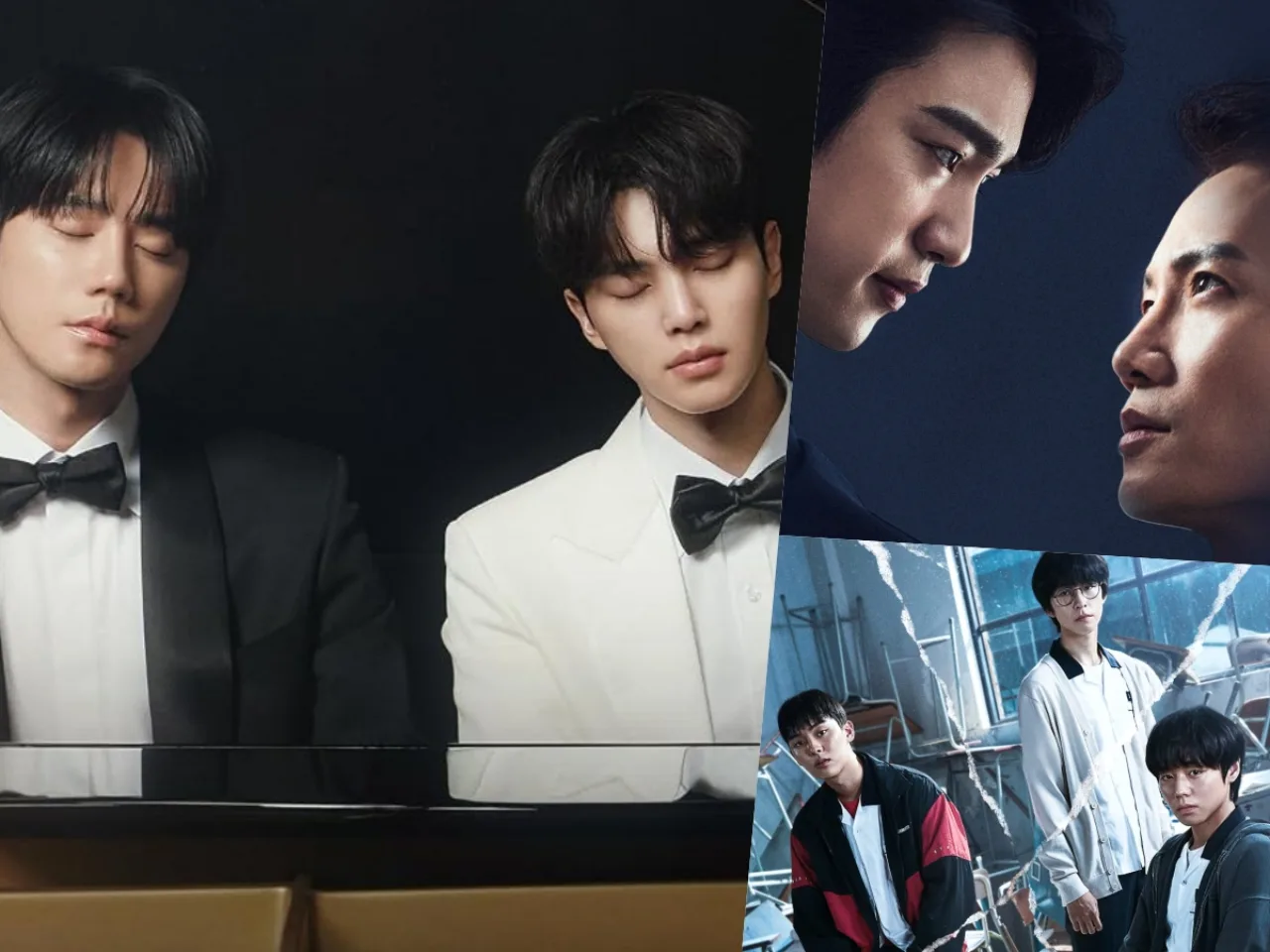 Colagem dos cinco protagonistas masculinos dos K‑dramas, cada um em pose marcante, ao centro um título em coreano