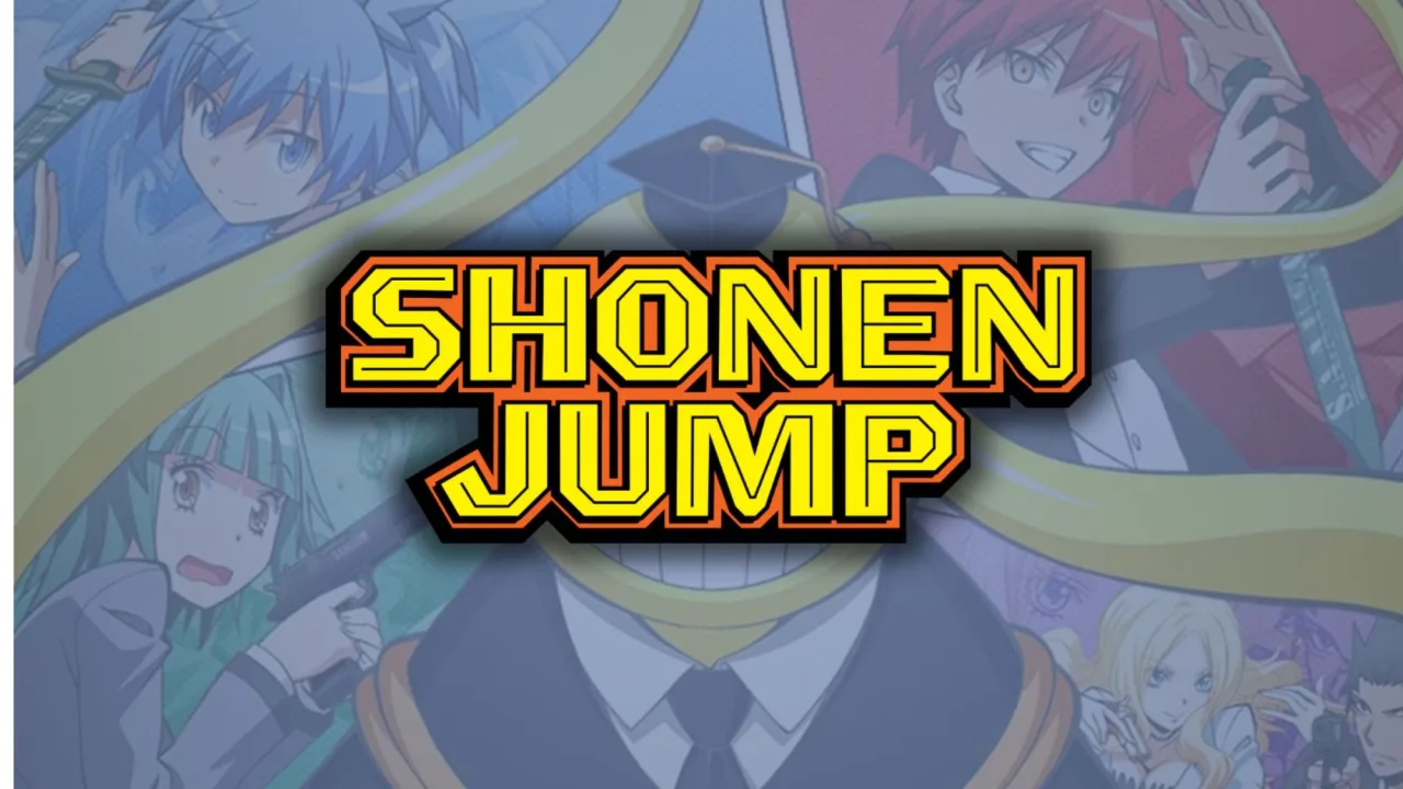 Koro‑sensei e os alunos da Classe 3‑E em trajes modernos, ao fundo um logo comemorativo de 10 anos da série