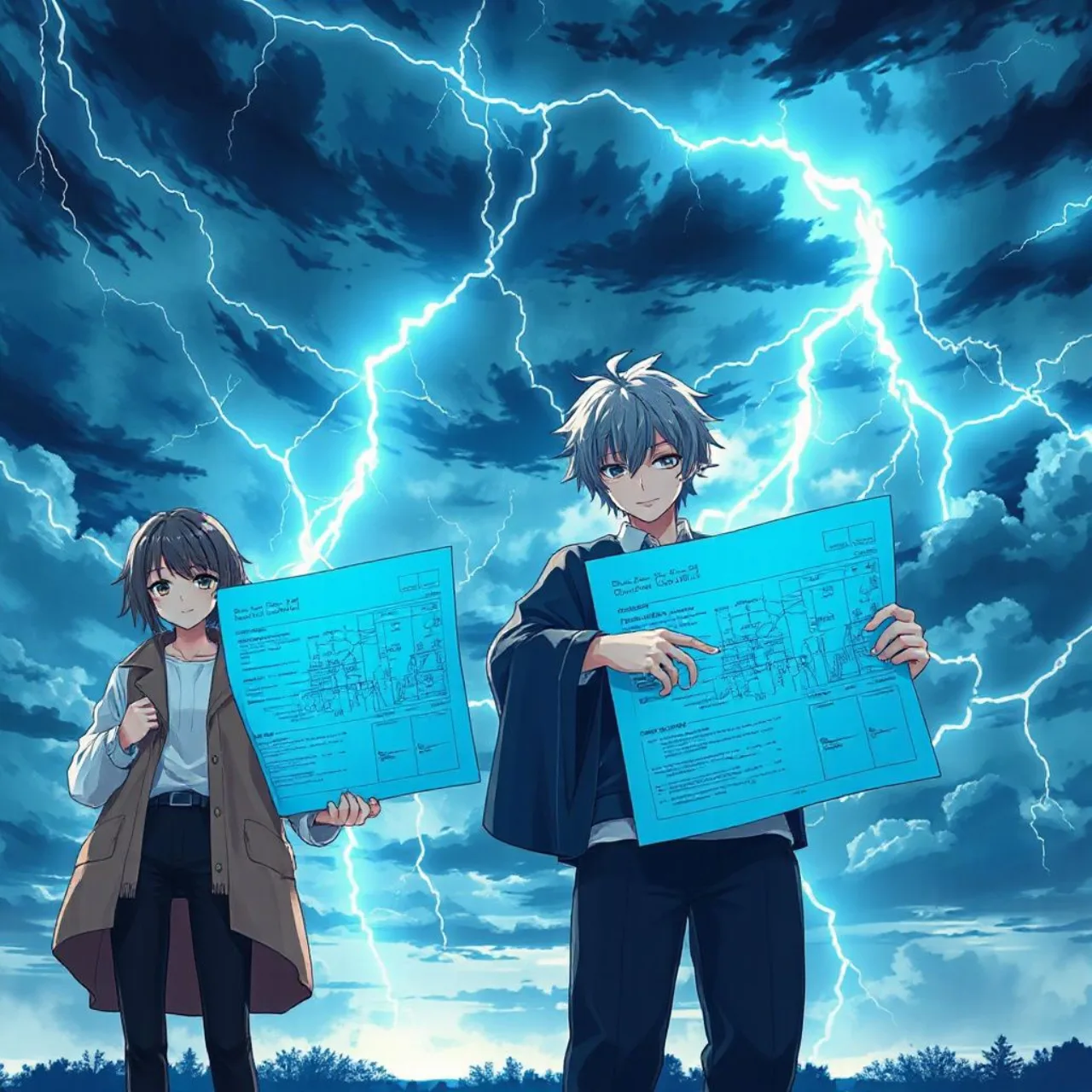 Inako e Kihachi apertam as mãos, enquanto Noriko e Kengo se abraçam ao fundo, com o logo de Sparks of Tomorrow