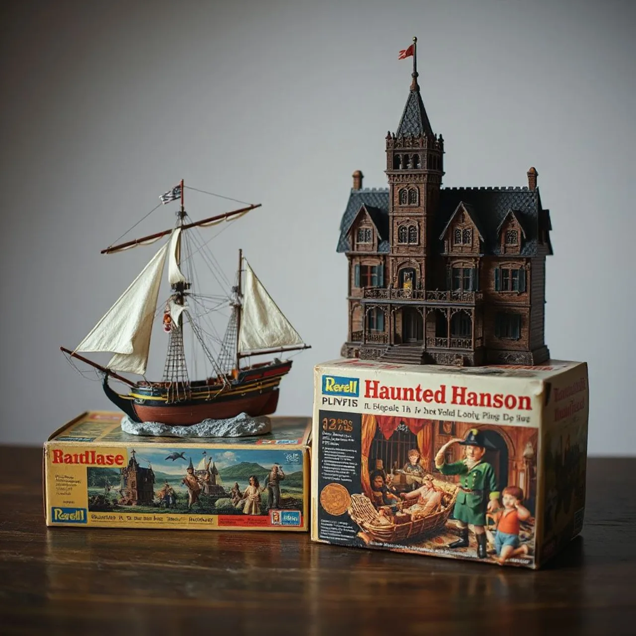 Kit de modelismo da Model Productions de 1972, com miniatura de navio pirata, figuras e caixa estampada “Pirates of the Caribbean”