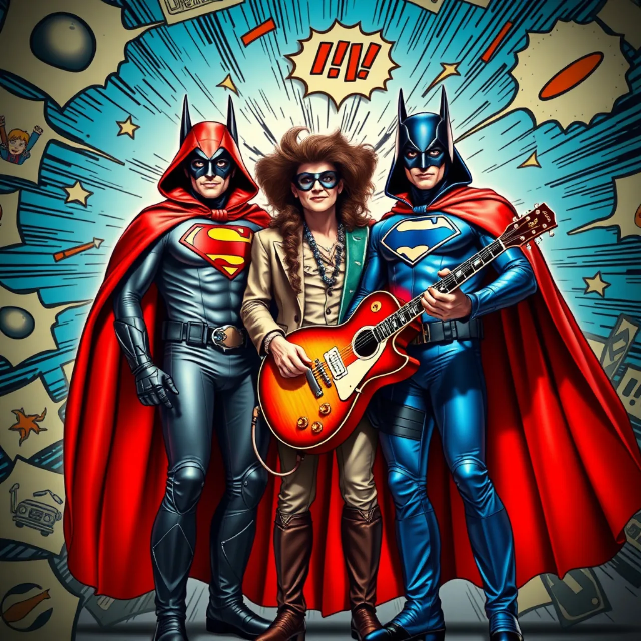 Homem musculoso vestindo capa de Batman levanta halteres ao lado de capas de quadrinhos do Superman e Weird Al