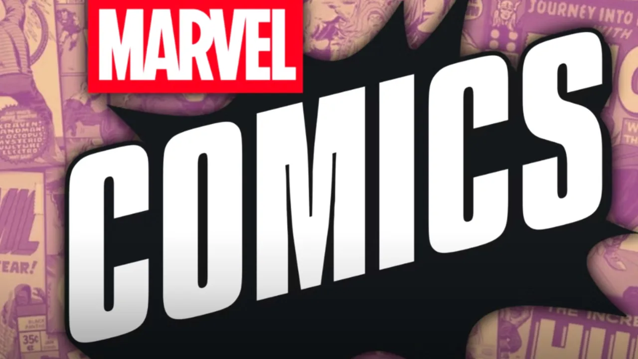 Smartphone exibindo o novo Marvel Comics app ao lado dos logos da Marvel e da WEBTOON, com capas de quadrinhos ao fundo