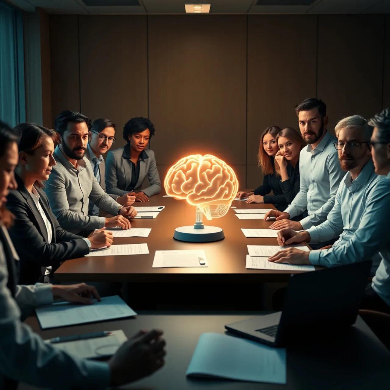 Executivos de IA em traje formal segurando um papel com logos da OpenAI, Google e Microsoft, ao fundo painéis de código e robôs