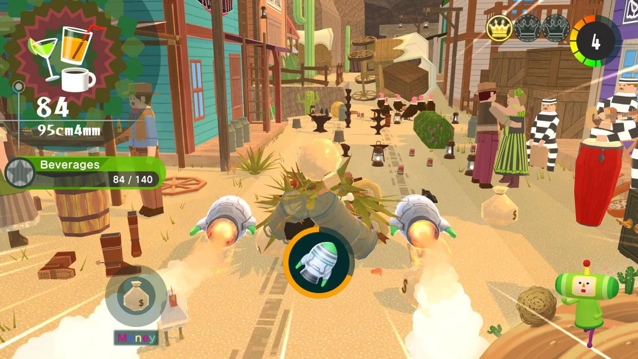 Jogador em pé, segurando o controle do PS5, faz agachamento enquanto a tela mostra Katamari rolando sobre frutas