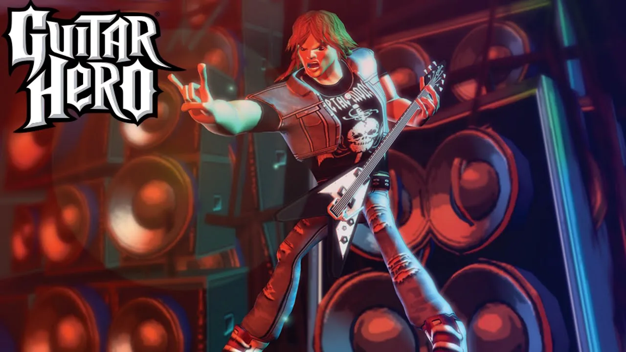 Jovem suando enquanto toca guitarra, bateria e microfone do kit Stage Tour conectado ao Xbox