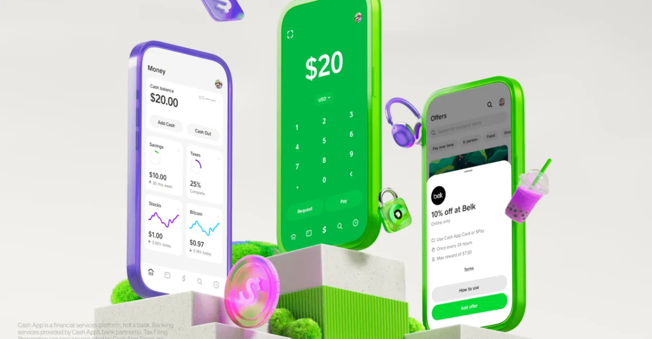 Jovem em roupa de treino correndo no parque, segurando o smartphone da Cash App com tela exibindo plano 5G