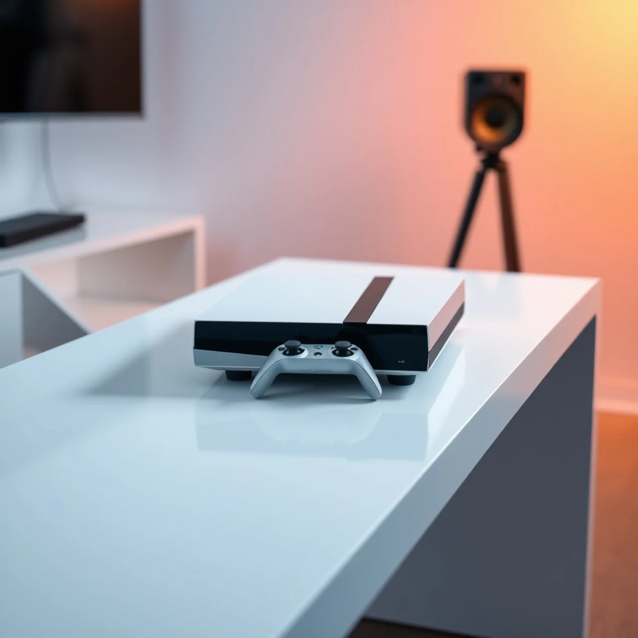 Jovem usando óculos VR, fazendo agachamento com controle do PS6 em sala iluminada