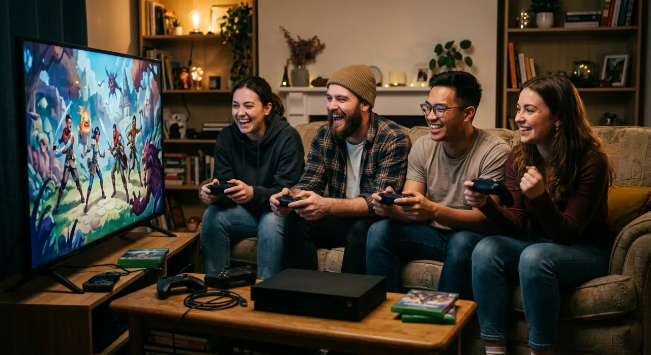 Console Xbox Series X rodeado por capas de jogos, destacando o logo de We Were Here Tomorrow