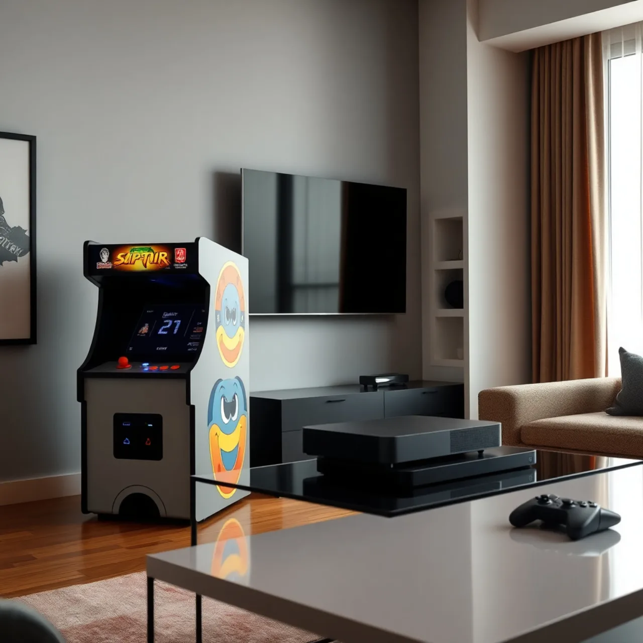 Gamer em agachamento segurando controle PS5, com tapete de yoga, garrafa de água e luz natural