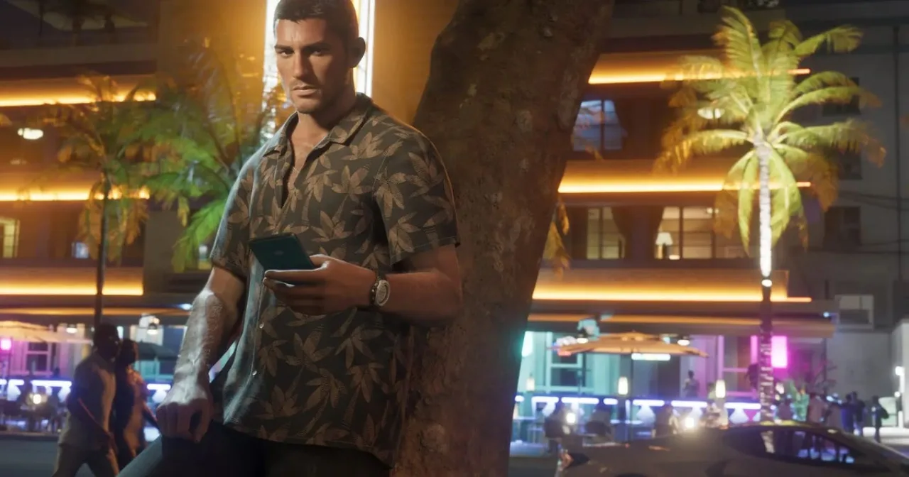 Logo de GTA 6 sobre fundo de cidade noturna, ao lado de um avatar hacker com capuz segurando um ícone de Bitcoin