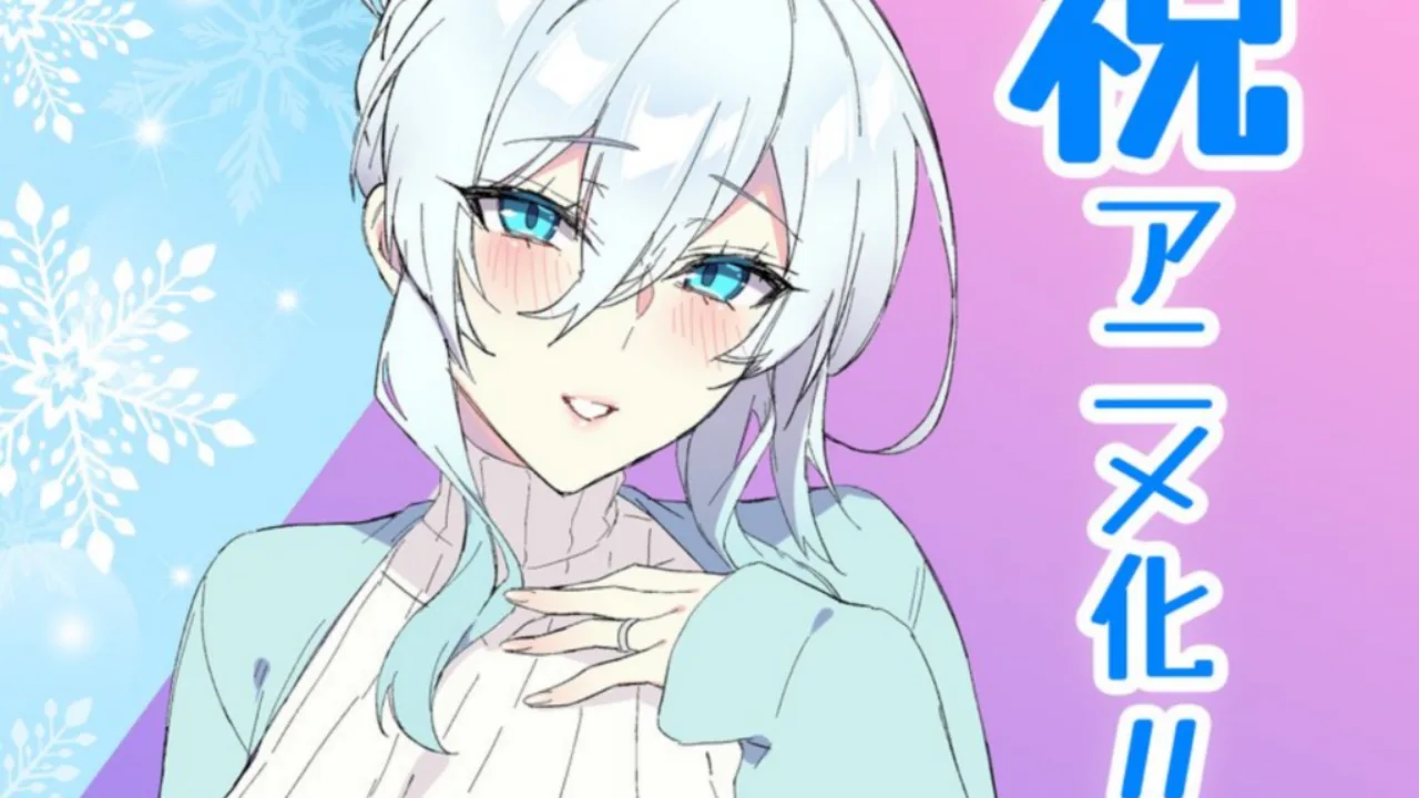 Uma Yuki-onna de quimono azul segurando um anel brilhante enquanto flutua sobre flocos de neve estilizados