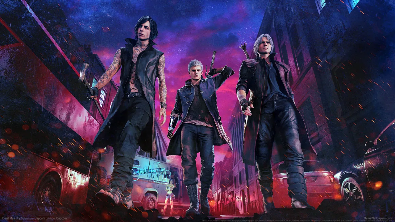 Jogador em roupa esportiva, segurando um controle, faz agachamento ao lado de uma TV exibindo Devil May Cry 5