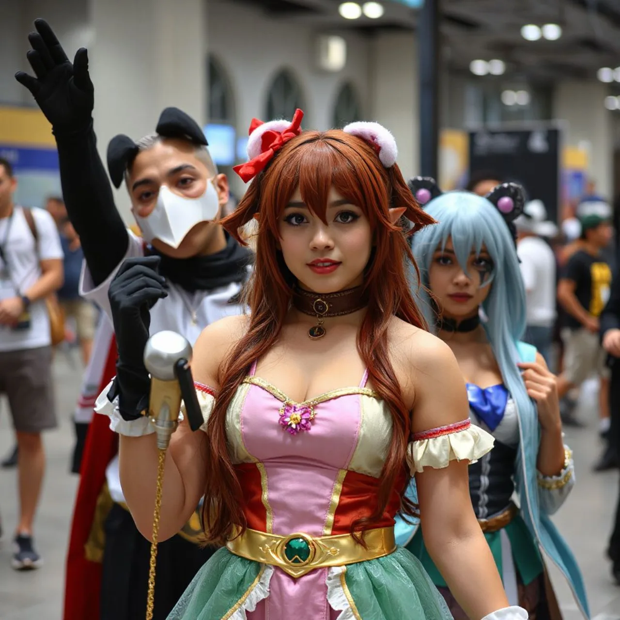 Cosplayers em trajes detalhados de Goku, Naruto e Sailor Moon posam em frente ao palco iluminado da Iberanime Santarém