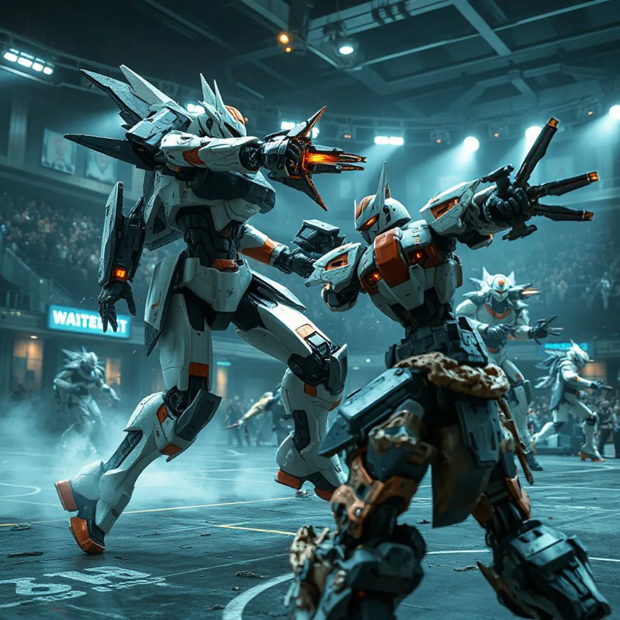 Um Gundam de batalha sobre fundo futurista, ao lado dos logos do PS5, Steam e da Bandai Namco