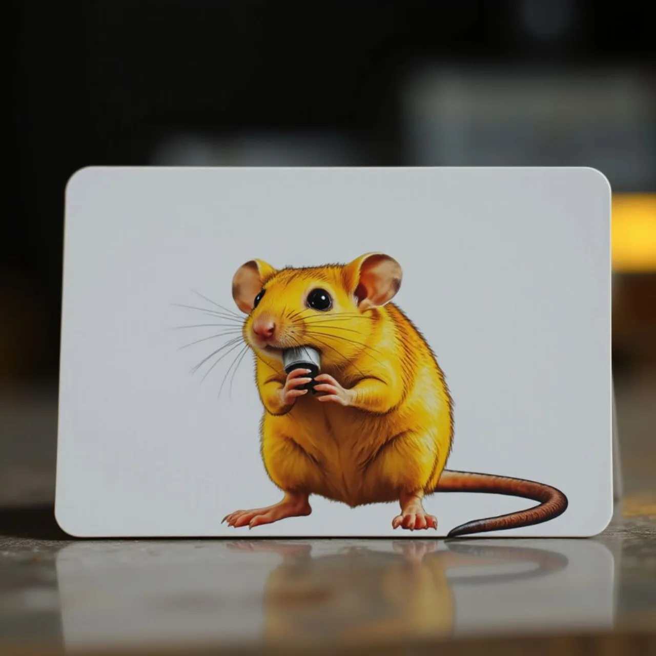 Cartão Pikachu Illustrator em close, mostrando Pikachu com caneta e selo dourado da Pokémon