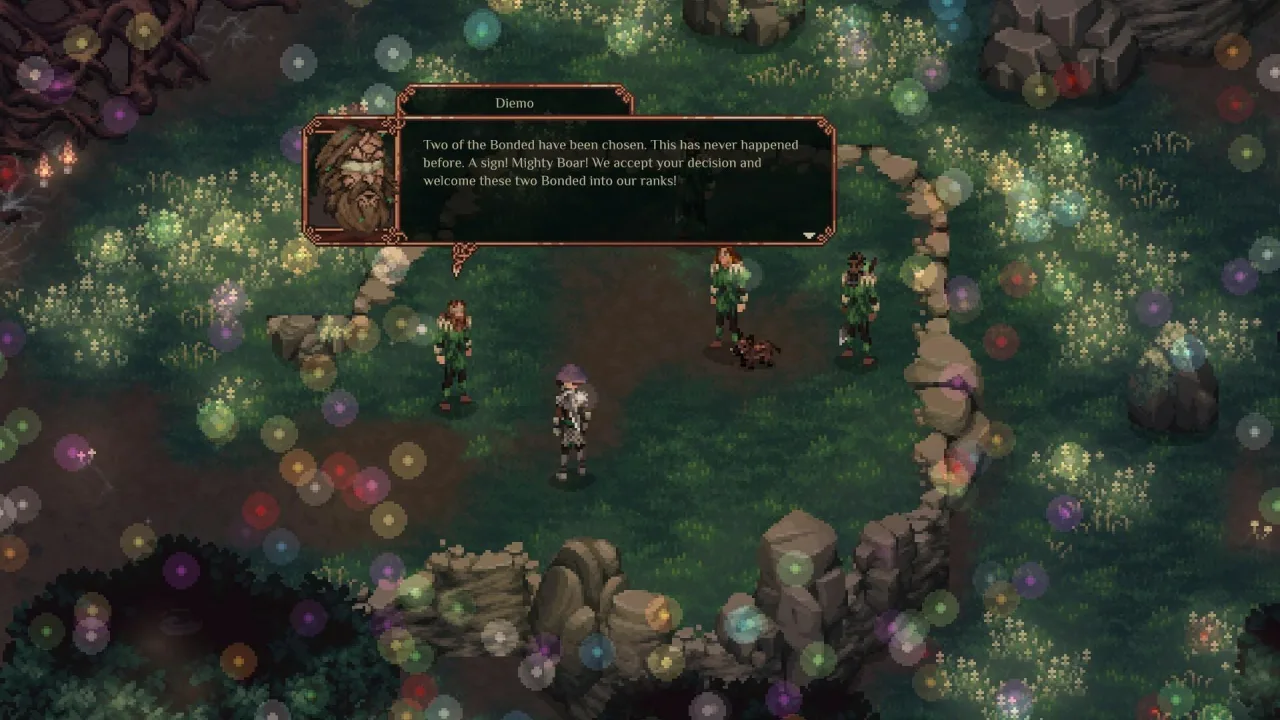 Personagem em armadura rústica explorando uma floresta sombria com espada em punho e interface minimalista de RPG