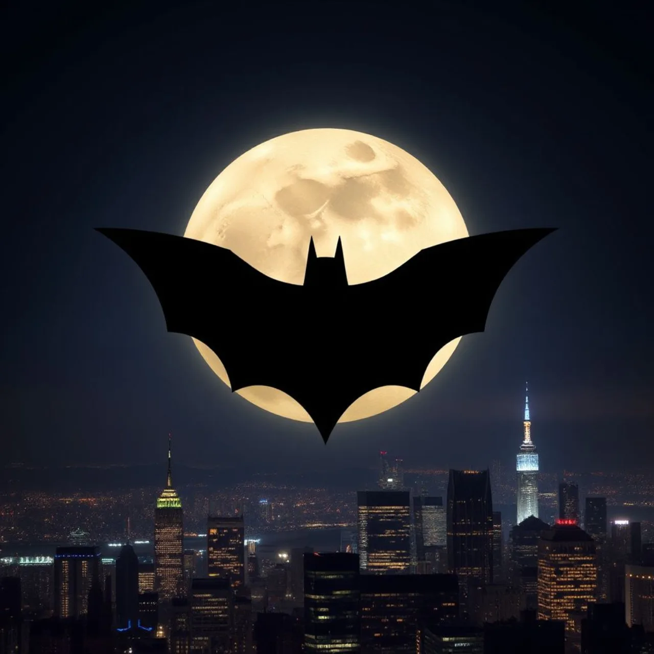 James Gunn ao microfone, ao fundo o icônico símbolo do Batman sobre o logotipo DCU