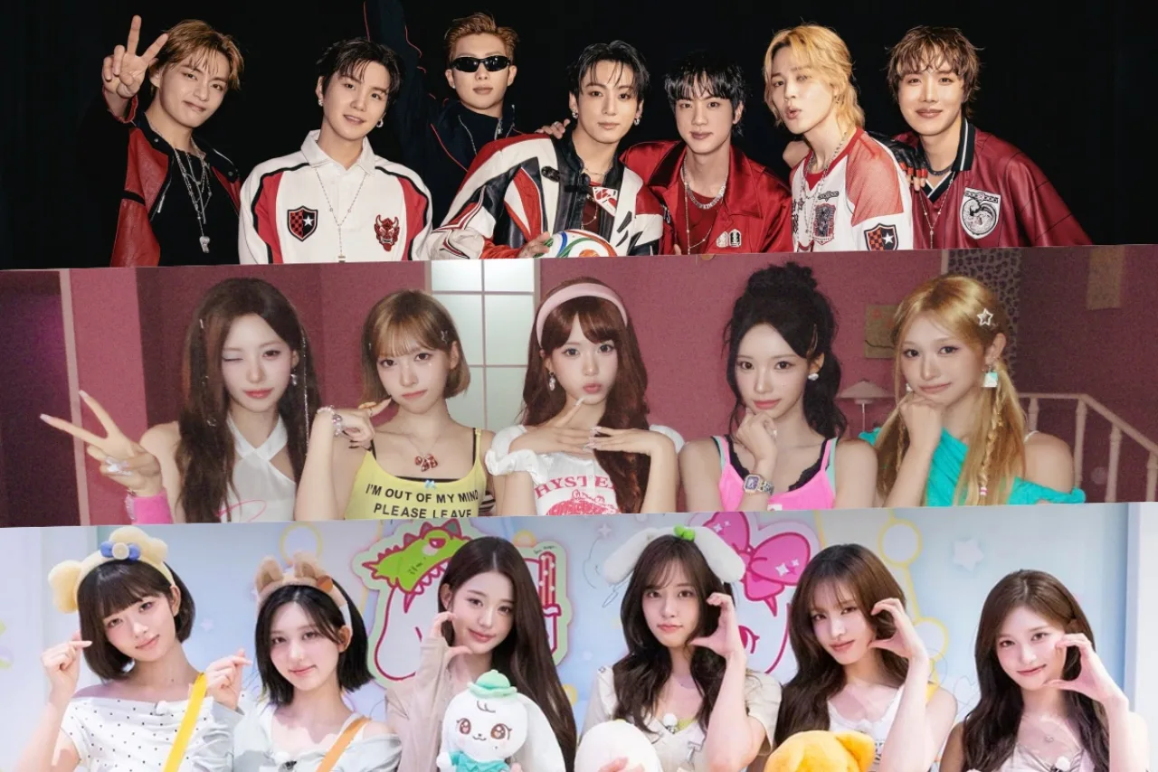 Sete integrantes do BTS posam sorrindo diante de um outdoor com a classificação de modelos publicitários de outubro