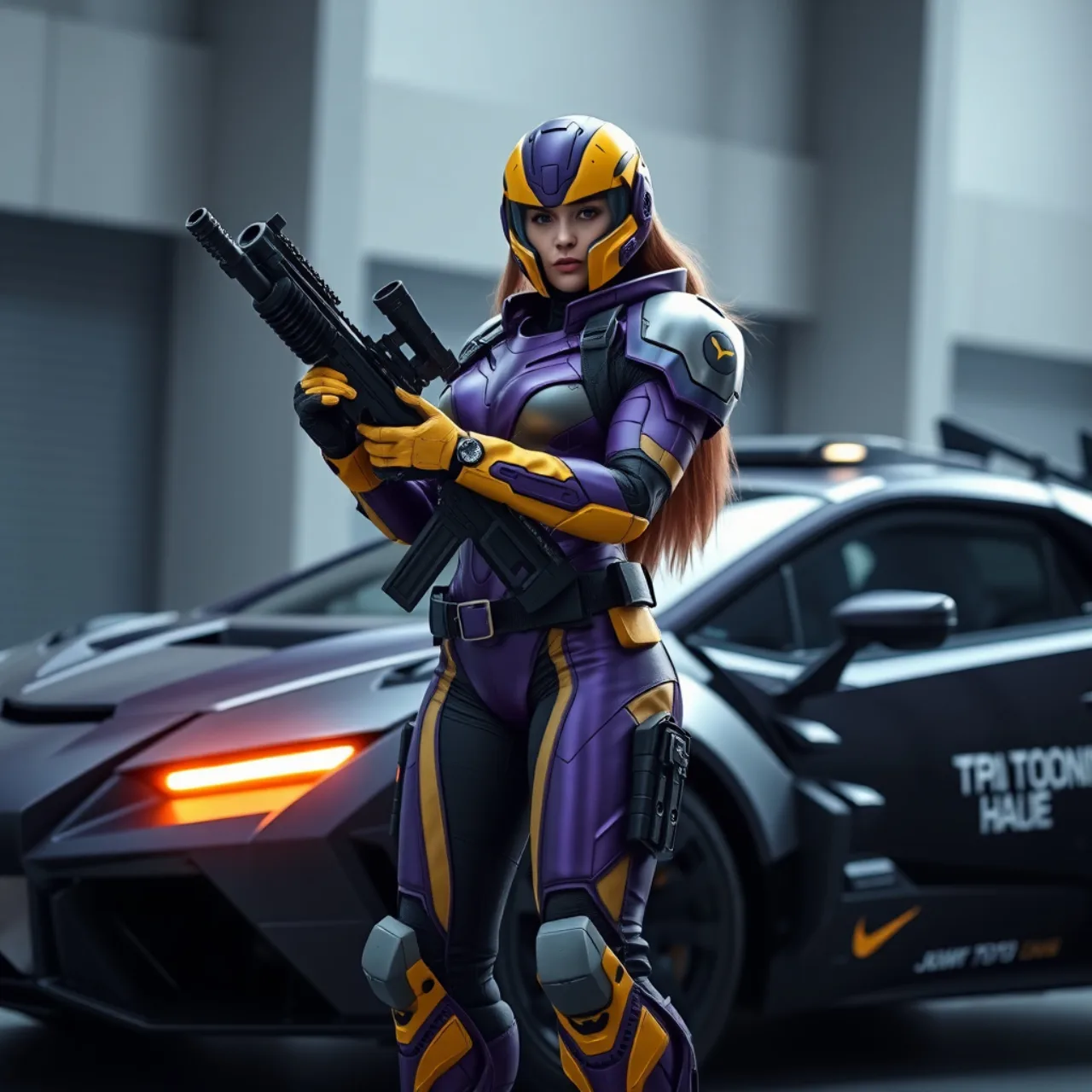 Garota de capa vestindo traje de Batgirl faz flexão ao lado de uma barra de peso e uma garrafa d'água