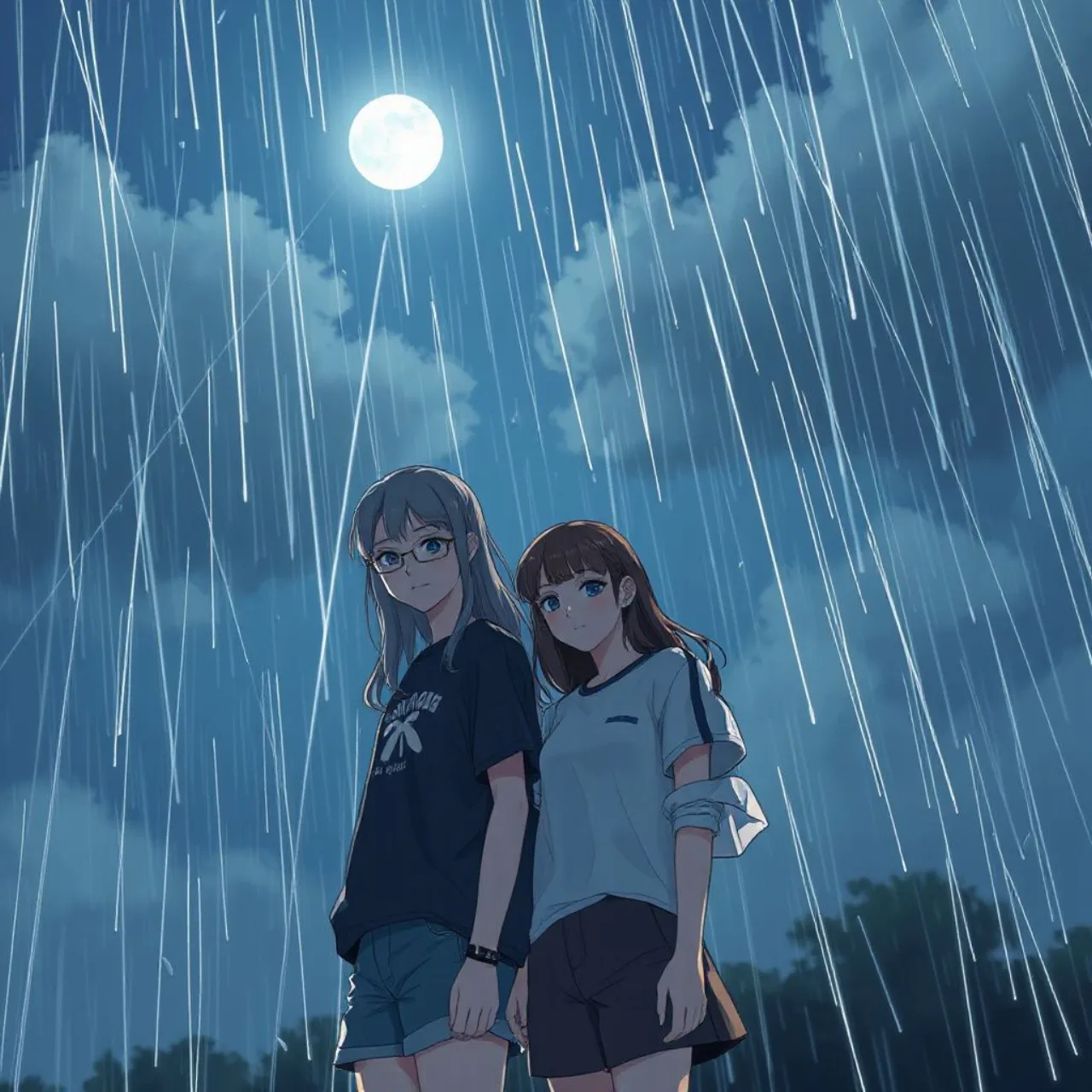 Protagonista feminina sob chuva noturna, com a lua cheia ao fundo e o logo da série The Moon on a Rainy Night