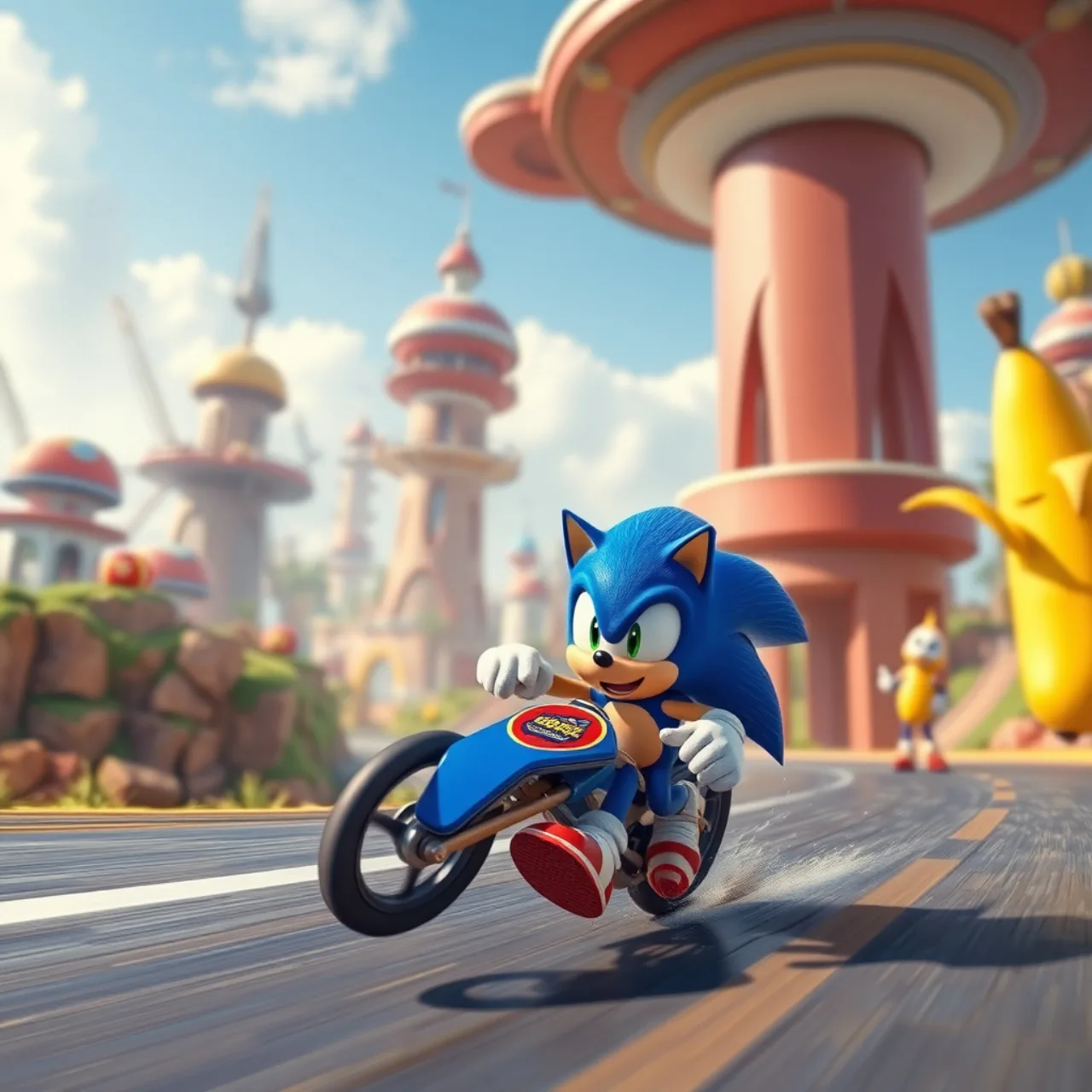Sonic azul correndo sobre um campo de grama pixelado, segurando um controle de videogame enquanto um smartwatch exibe batimentos