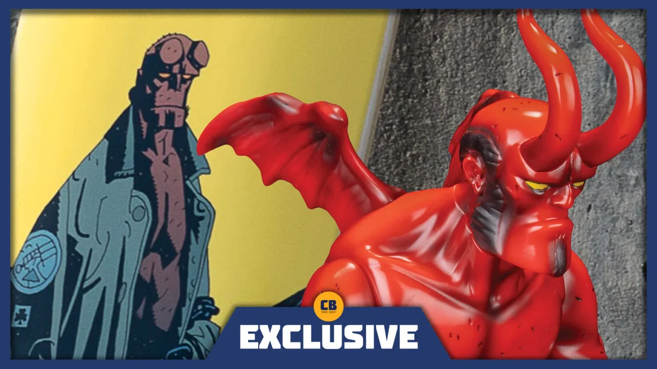 Hellboy em miniatura sofubi vermelha ao lado de um skate deck com arte da capa “The Chained Coffin”