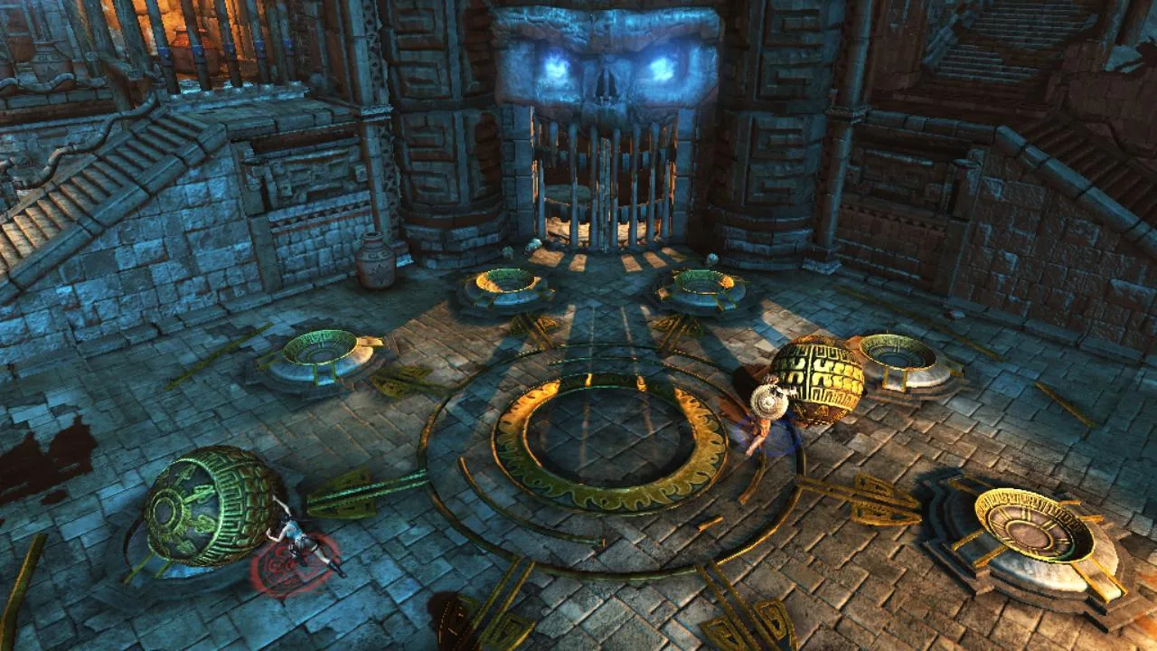 Lara Croft praticando exercícios funcionais com halteres em um ambiente tecnológico que remete a ruínas antigas