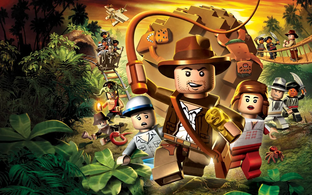 Console portátil exibindo Indiana Jones com gráficos detalhados, controles Joy-Con e um cenário de aventura ao fundo