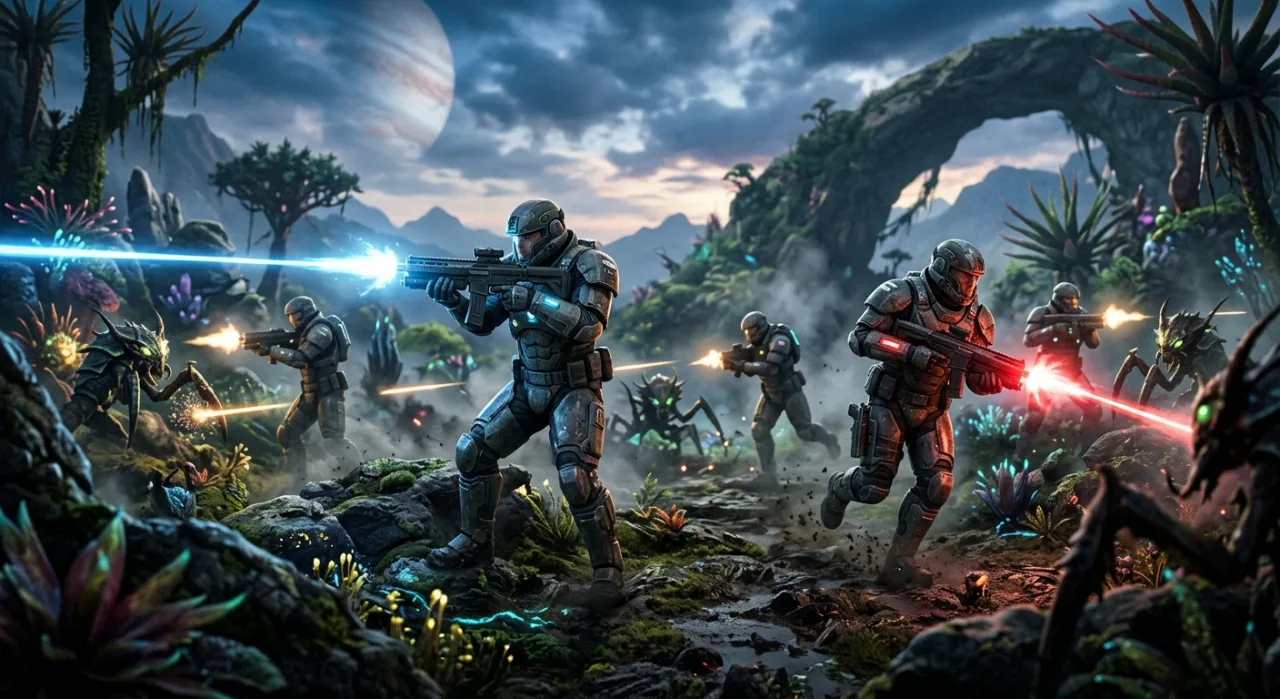 Jovem em roupa de treino segurando controle, ao fundo pôster holográfico de Halo com armas futuristas