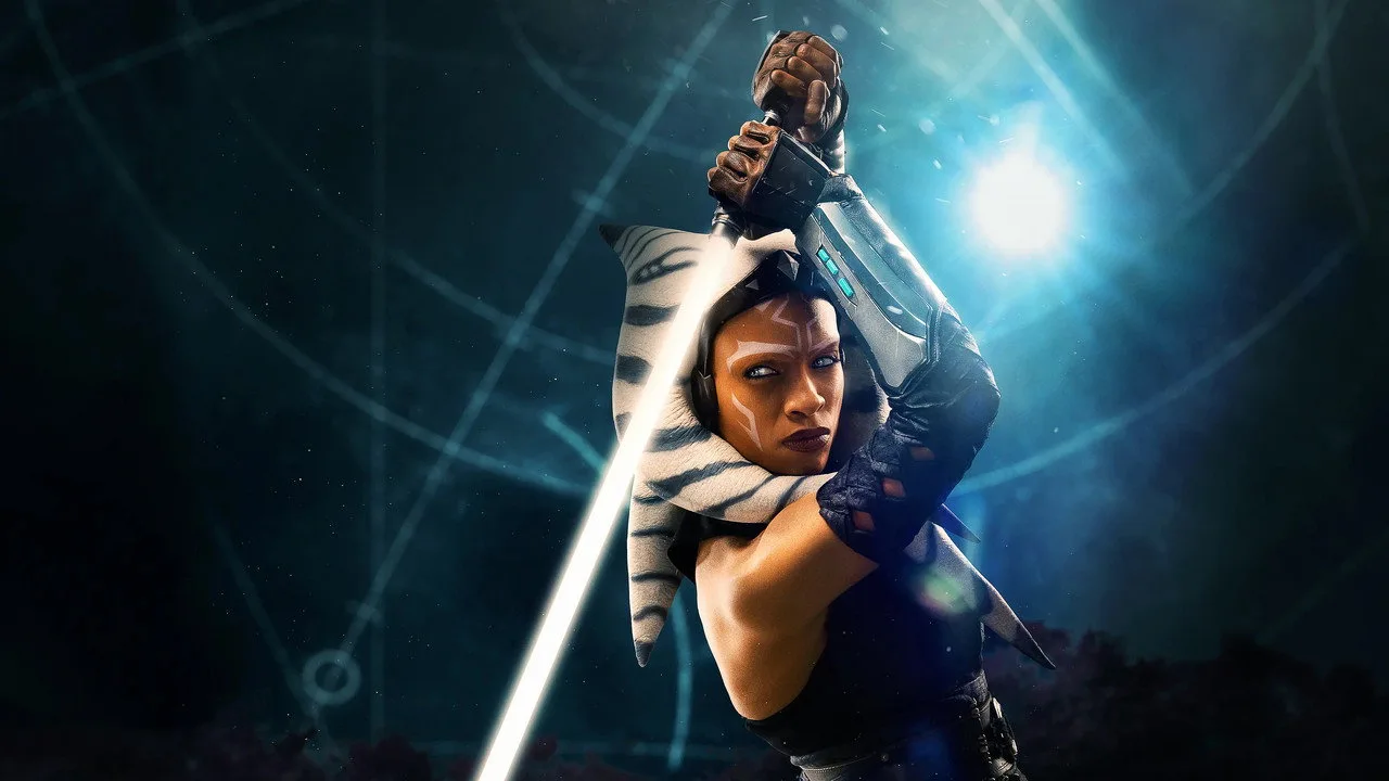 Atleta de roupa cinza faz burpee ao lado de um sabre de luz azul e pôster da nova temporada de Ahsoka