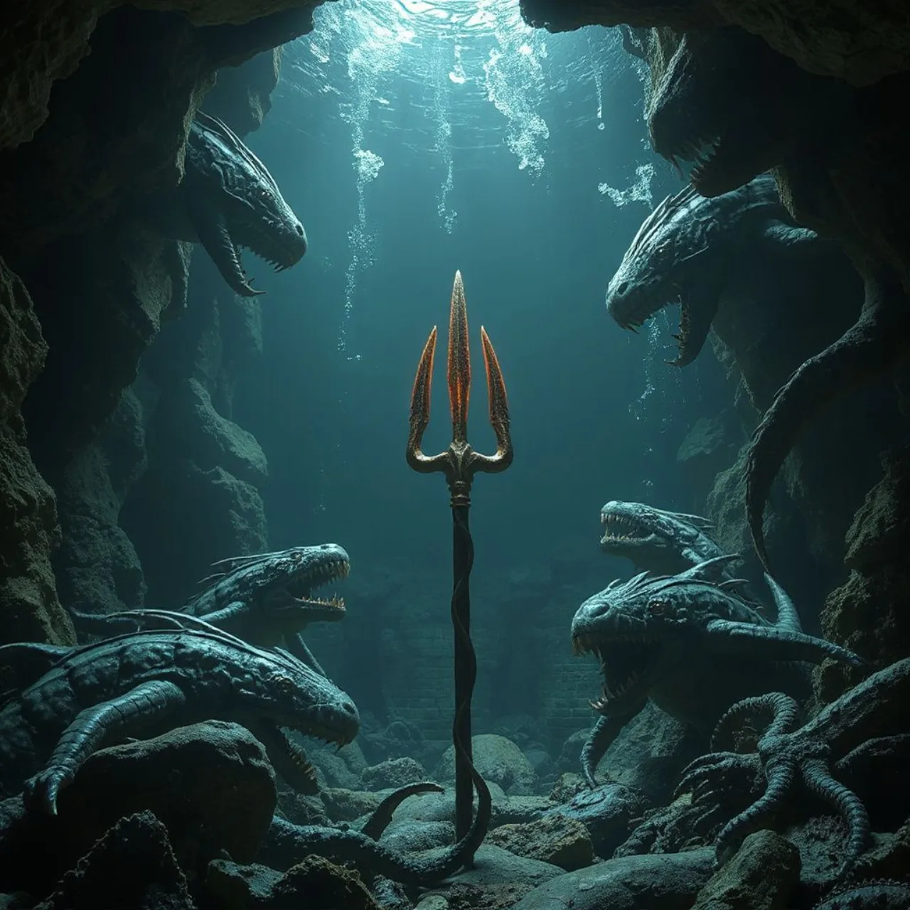 Aquaman ressuscitado, pálido e sangrento, surge das águas escuras sob um céu sinistro, com o logo da DC ao fundo