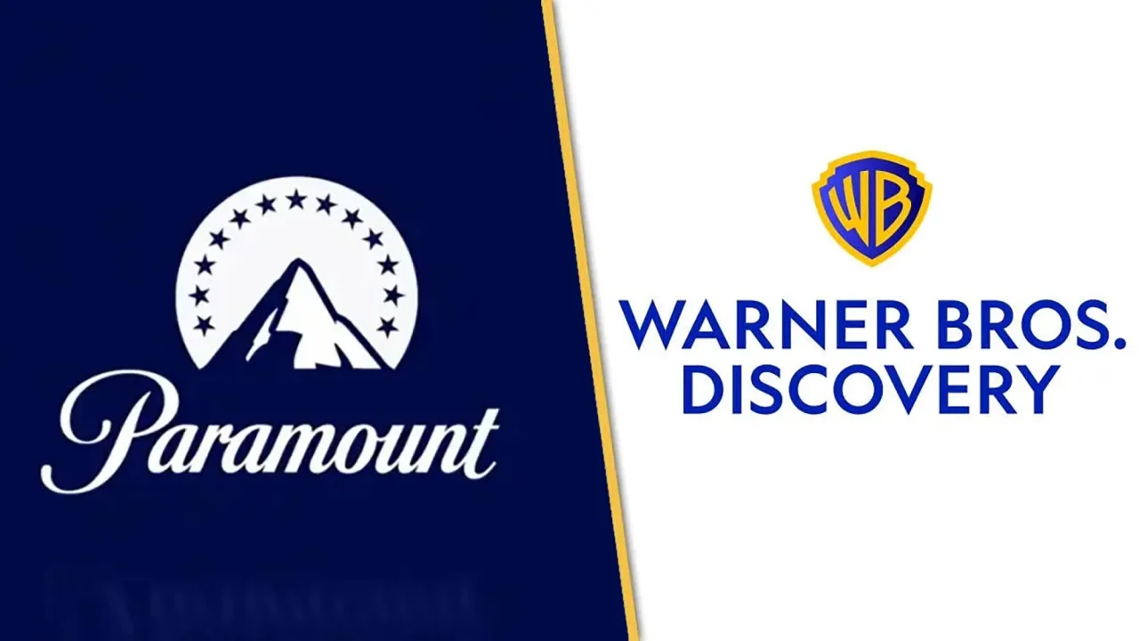 Atleta correndo na esteira, segurando garrafa de água, com telas exibindo logos da Paramount e Warner Bros ao fundo