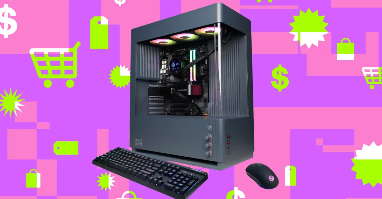 Gabinete CyberPowerPC com iluminação RGB, placa RTX 5070 visível e selo de preço $1.549 sobre logo da Walmart