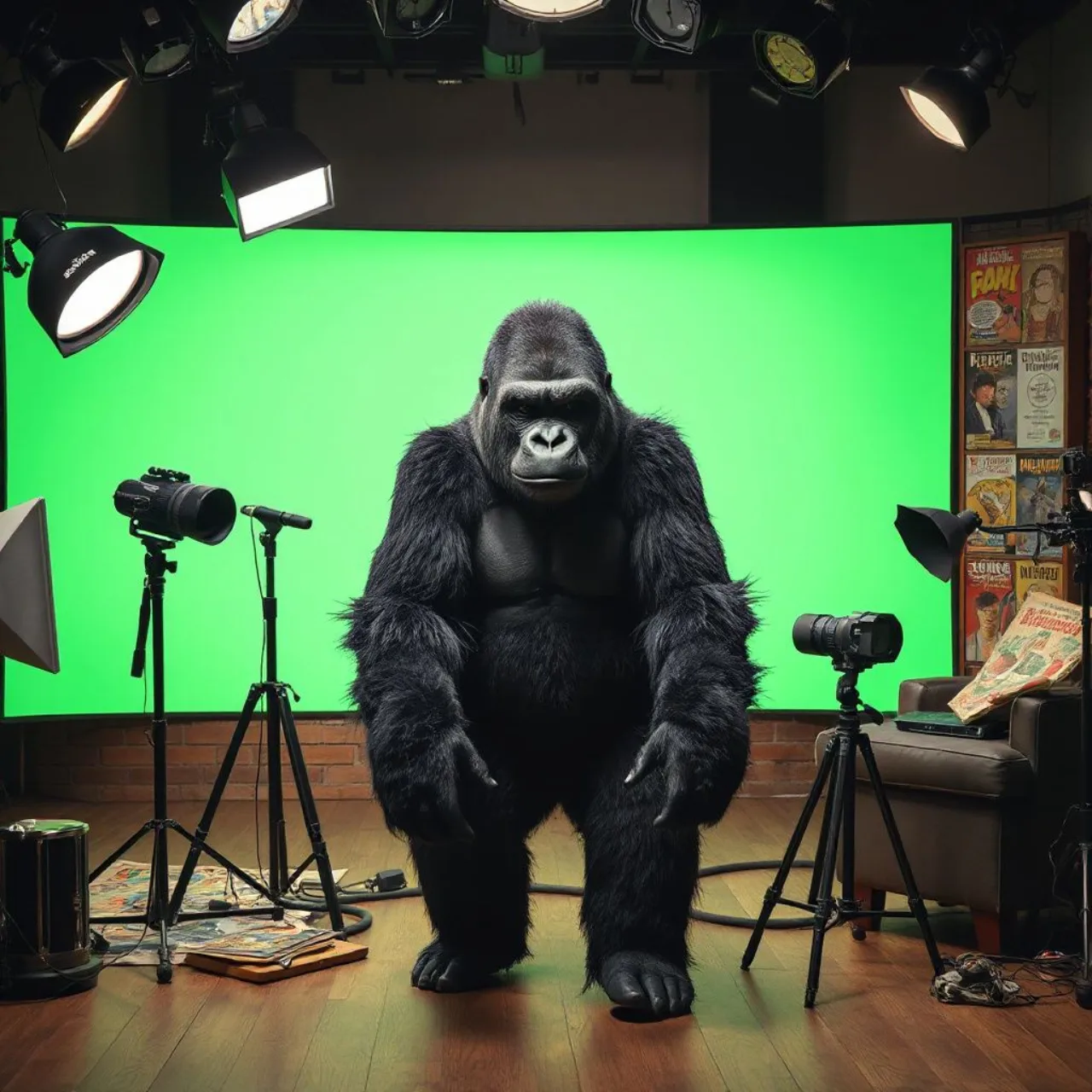Gorila Grodd em terno, segurando uma arma, diante de um letreiro neon de “The People V. Gorilla Grodd”