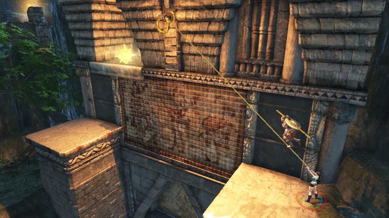 Lara Croft em pose de agachamento com halteres, cercada por sombras de relógios desacelerando ao fundo
