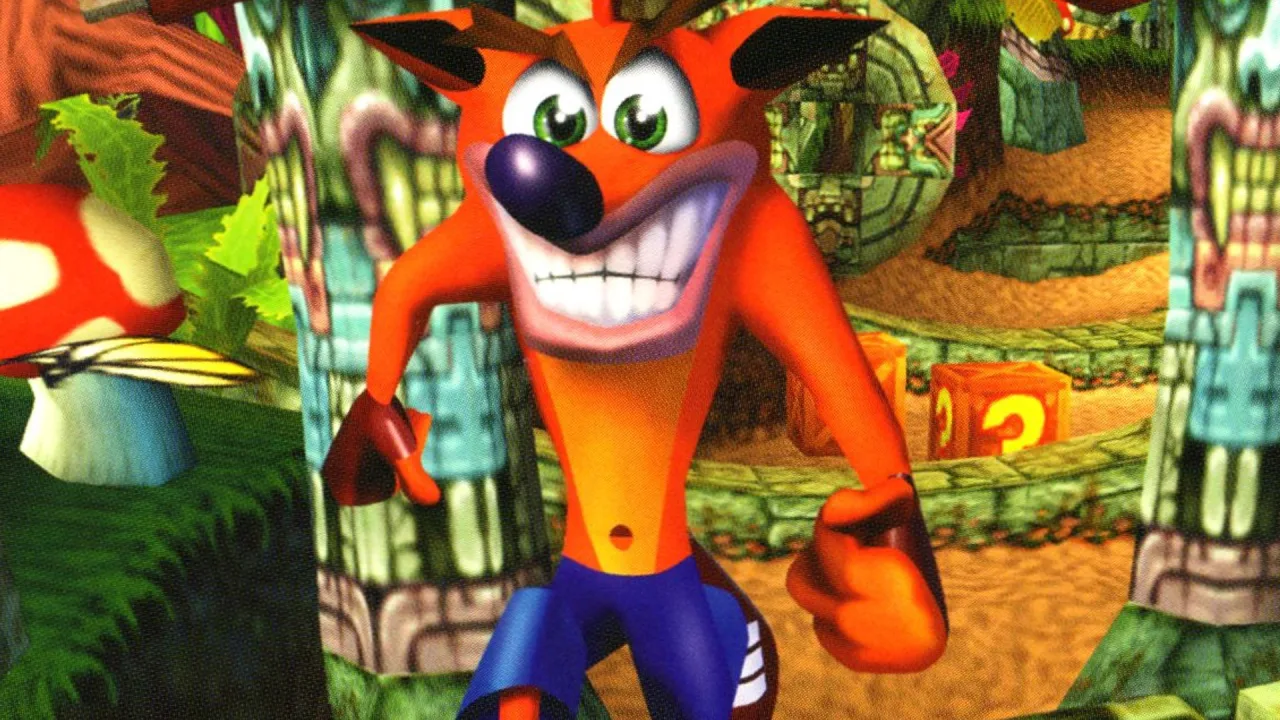 Jovem em roupa esportiva faz agachamento segurando controle Xbox, ao fundo pôster do Crash Bandicoot