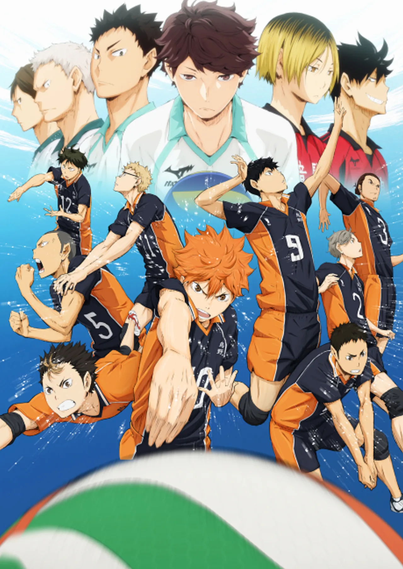Jovens jogadores de vôlei em ação, segurando bolas coloridas, com a rede brilhante e um estádio iluminado ao fundo