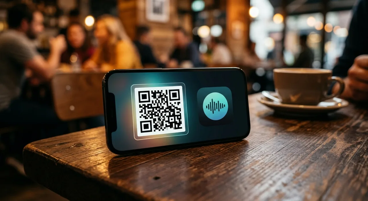 Tela de smartphone exibindo QR code ao lado do logotipo verde da Spotify e ícones de família