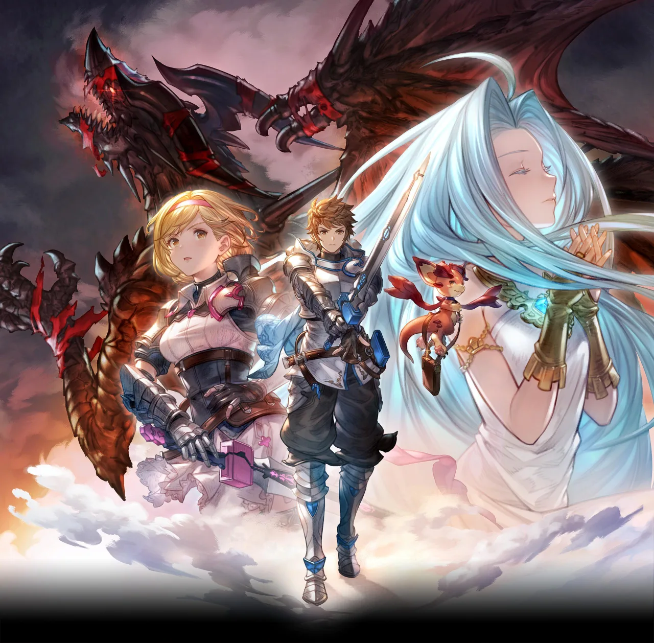 Personagem de Granblue Fantasy empunhando espada brilhante em cenário épico de fantasia com interface de jogo ativa
