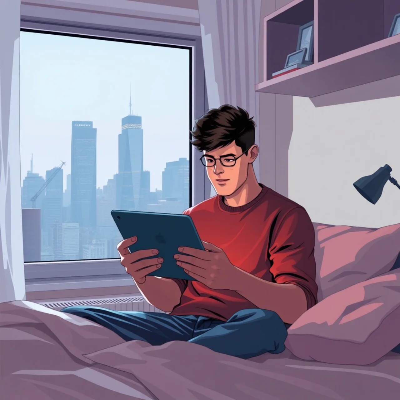 Jovem em casa, fazendo abdominais na esteira, com o celular exibindo o webtoon 1% Battery na tela