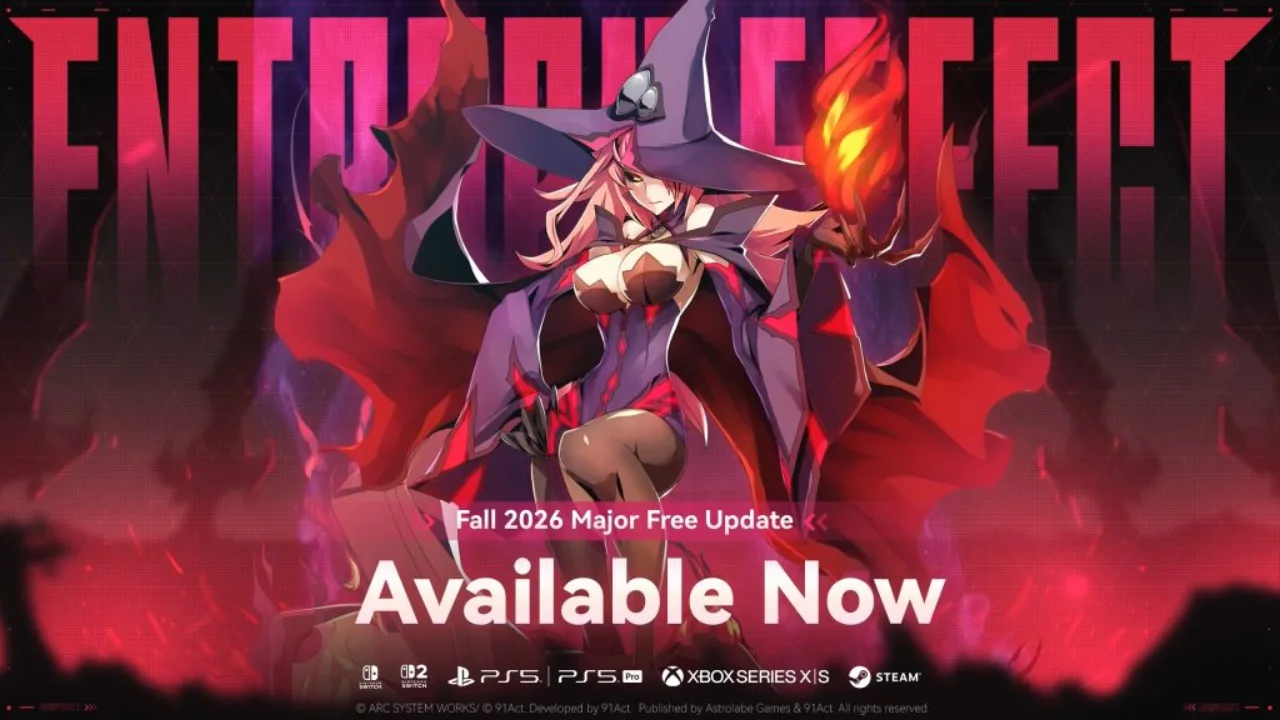 Nine the Phantom flutuando ao lado do imponente Lost Gearhulk, com o logo de BlazBlue Entropy Effect X ao fundo