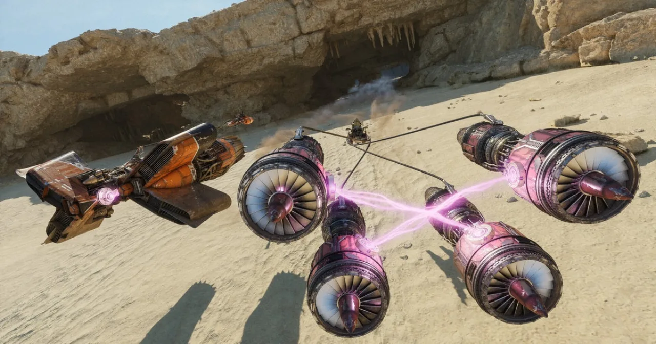 Naves de Star Wars em alta velocidade disputam a pista futurista, com o logo do Galactic Racer ao fundo