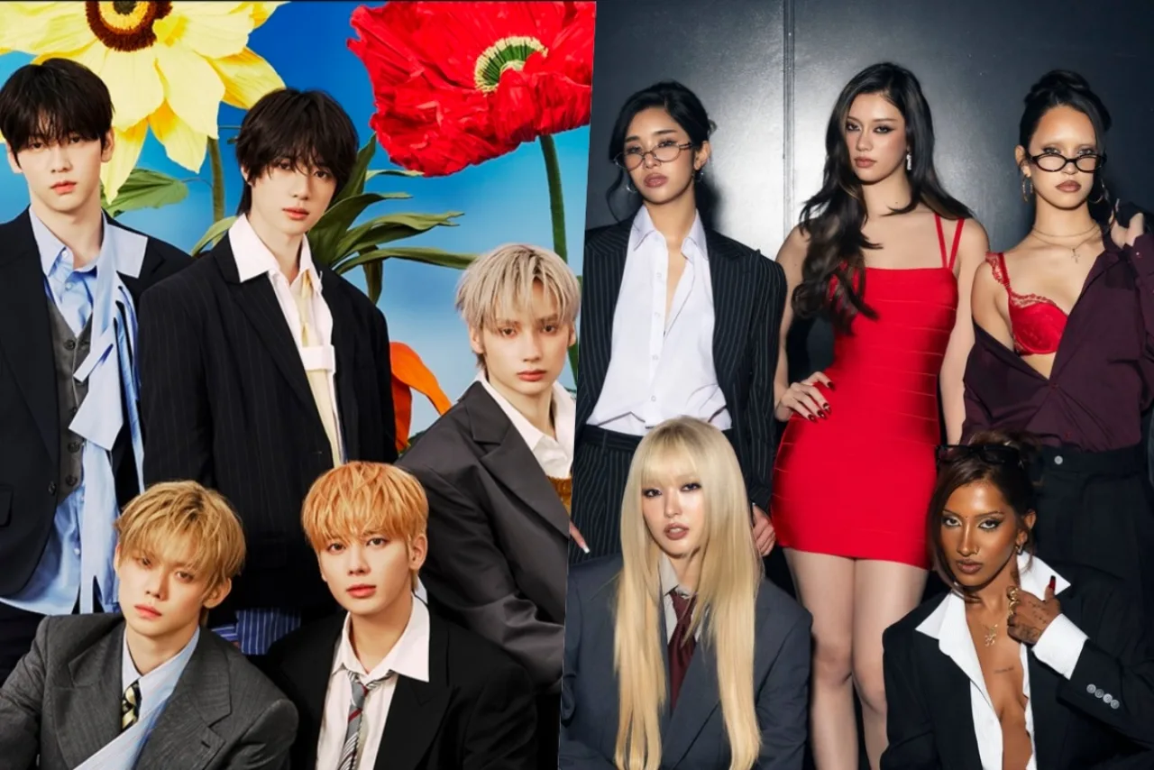 Membros de TXT e KATSEYE sob luzes neon ao lado do logo Jingle Ball, com fundo de arranha‑céus de Nova Iorque