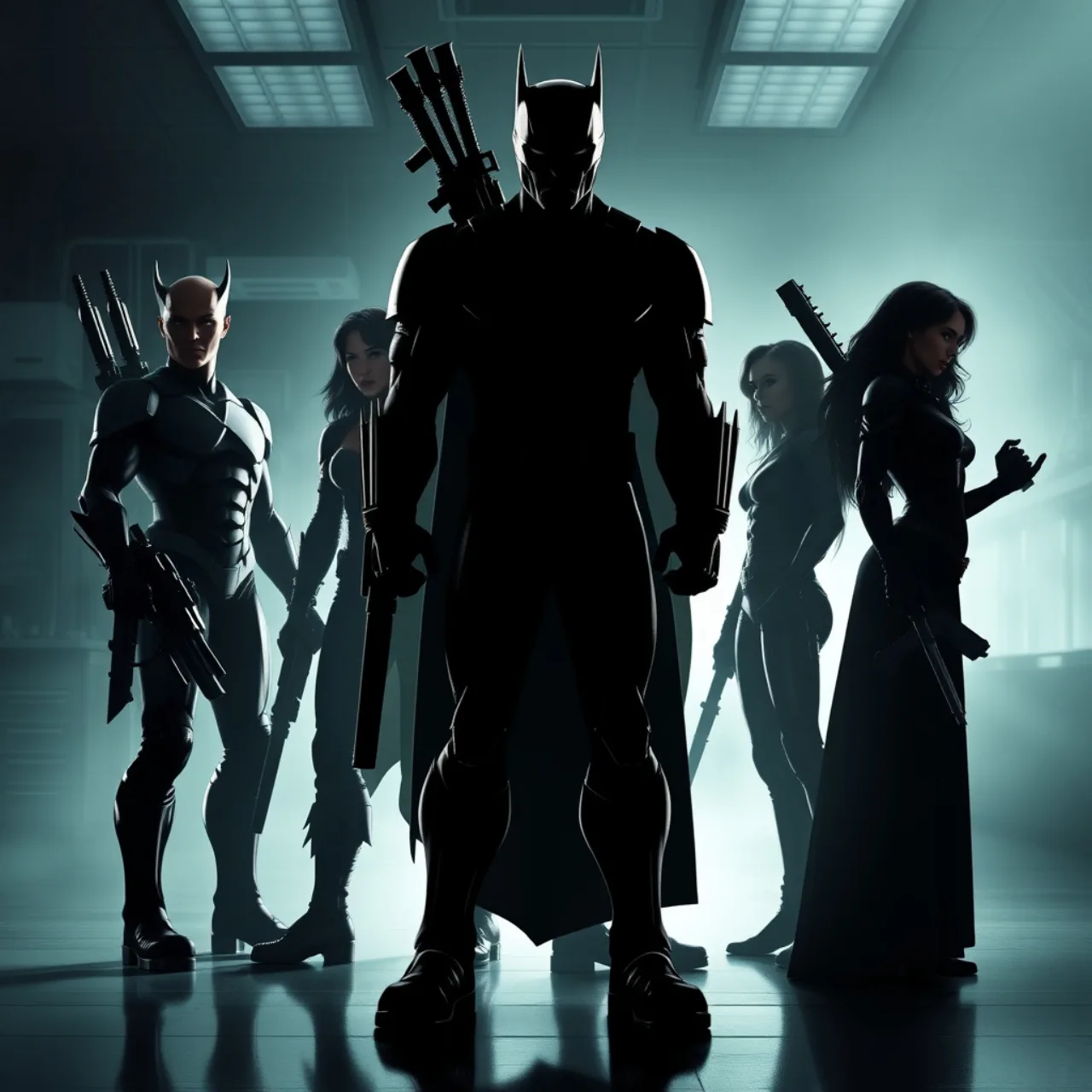 Homem musculoso segurando um arco de metal, ao fundo capas de Wolverine, Deadpool e Laura Kinney