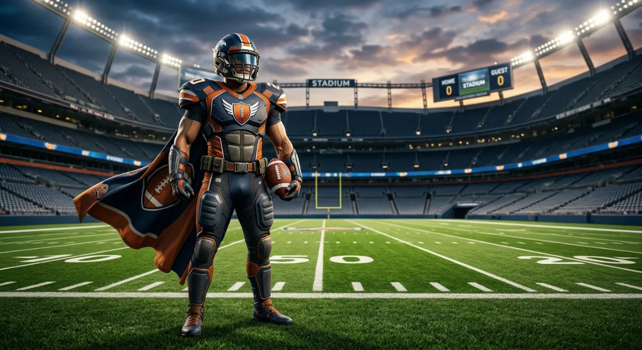 Super-herói NFL SuperPro em traje azul e vermelho, segurando bola de futebol, com os logos da NFL e da Marvel ao fundo