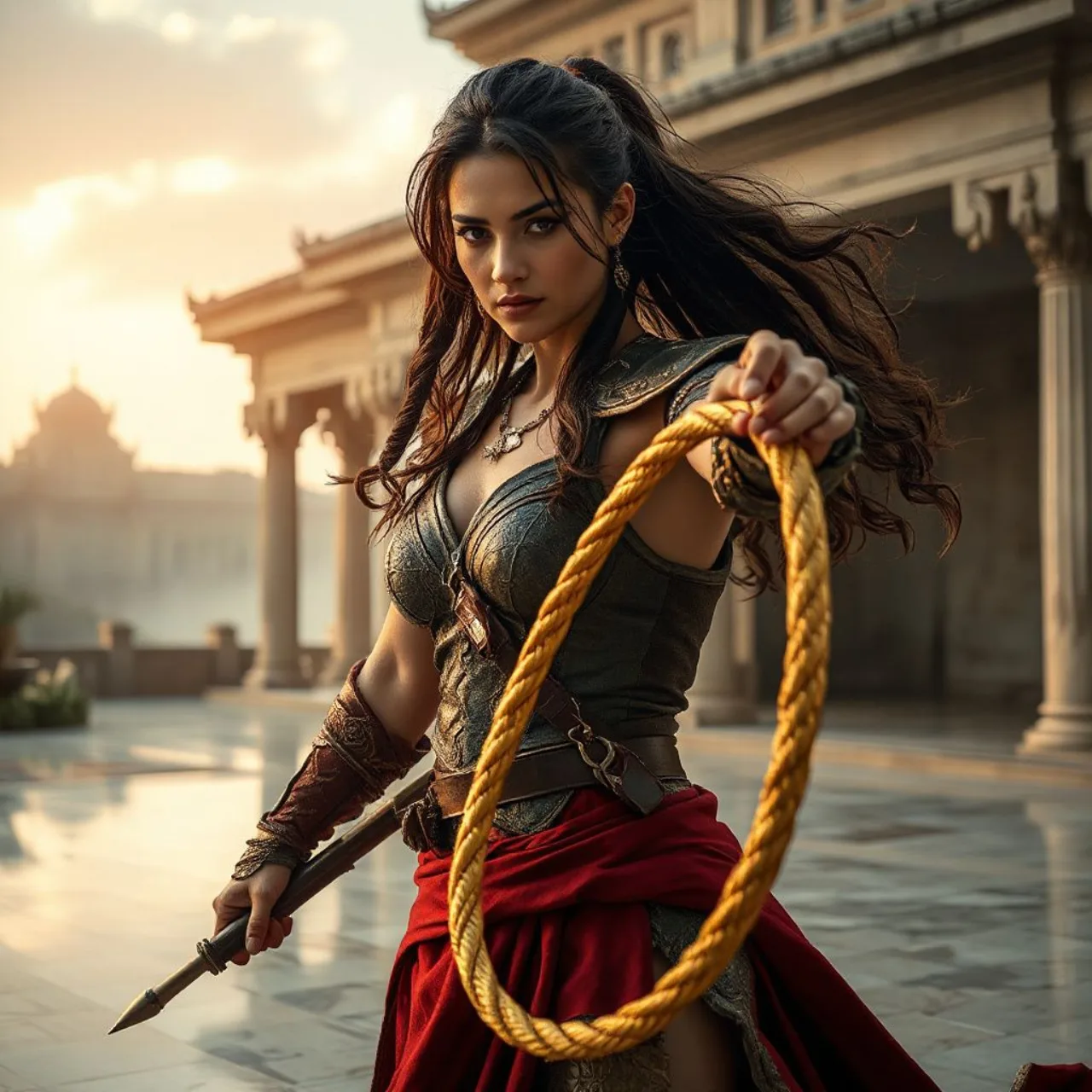 Wonder Woman em traje clássico, empunhando seu laço dourado, com o céu de Themyscira ao fundo